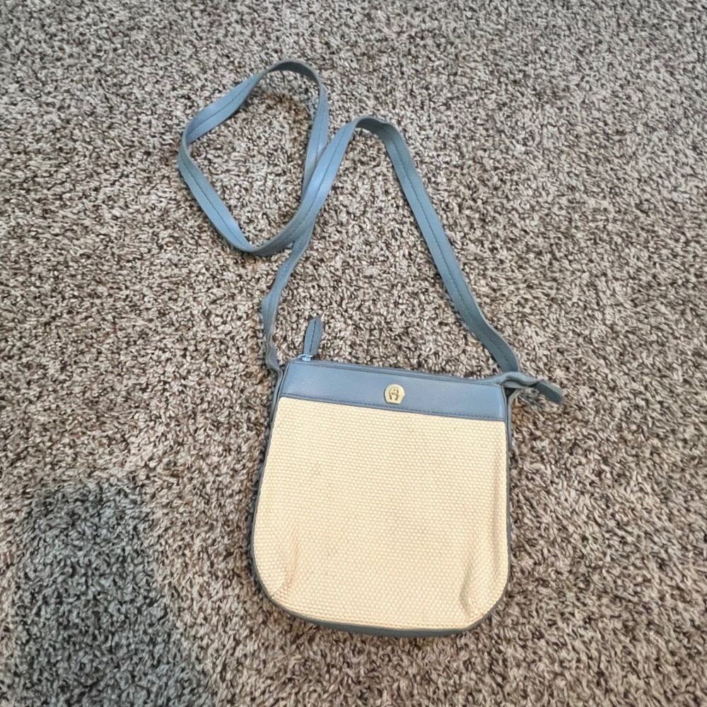 Etienne Aigner‎ Blue Leather Trim Woven Crossbody Bag Horseshoe Logo Cream